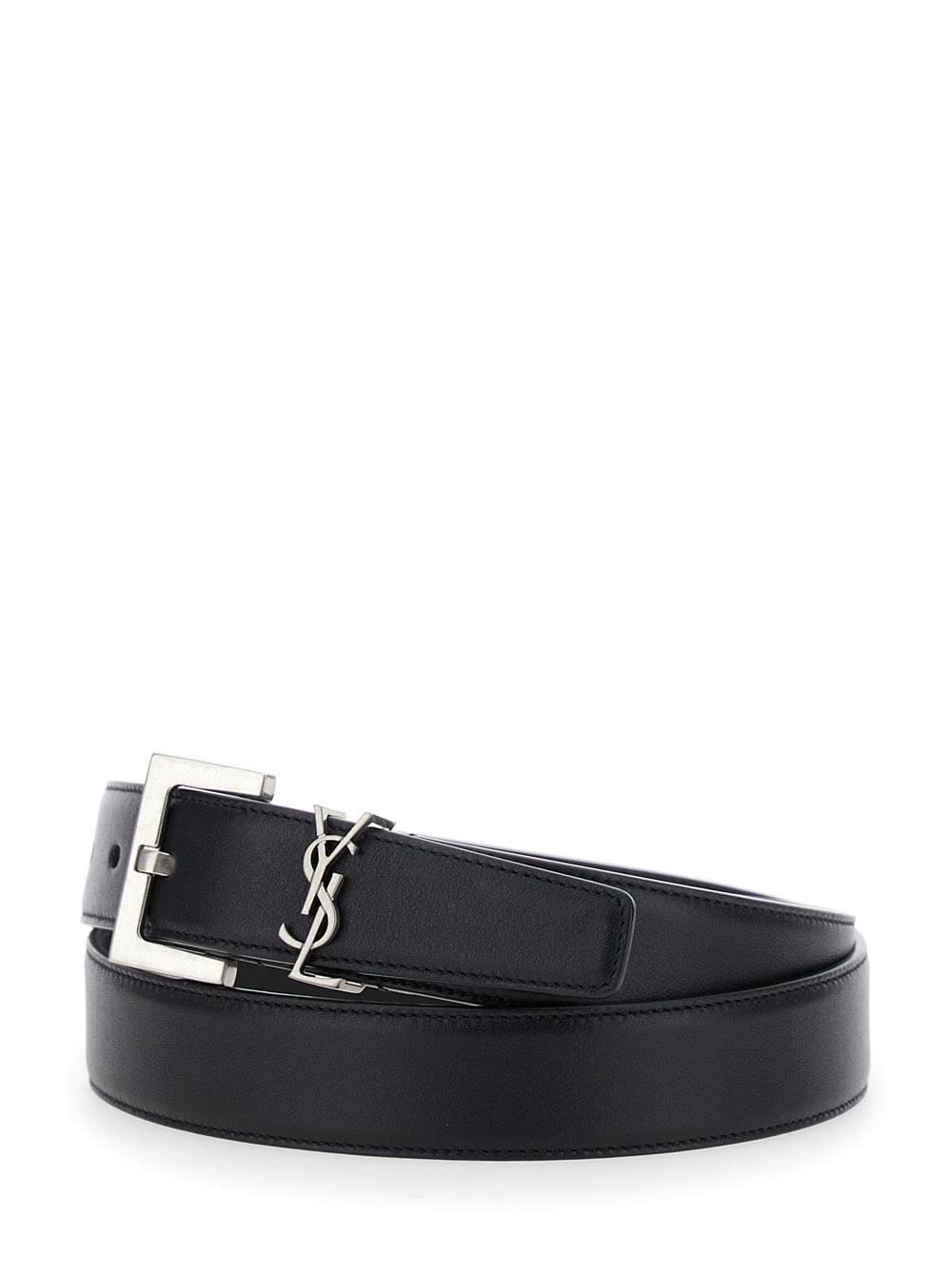 Saint Laurent Women Belt With Cassandre Plate On The Front And Square Buckle In Black Leather For Women - Maven Couture IncAccessories / Belts