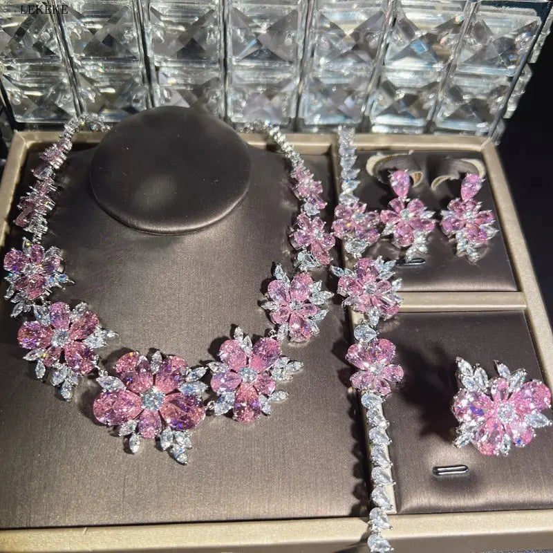 Elegant full diamond flower zircon jewelry set for luxury fashion women