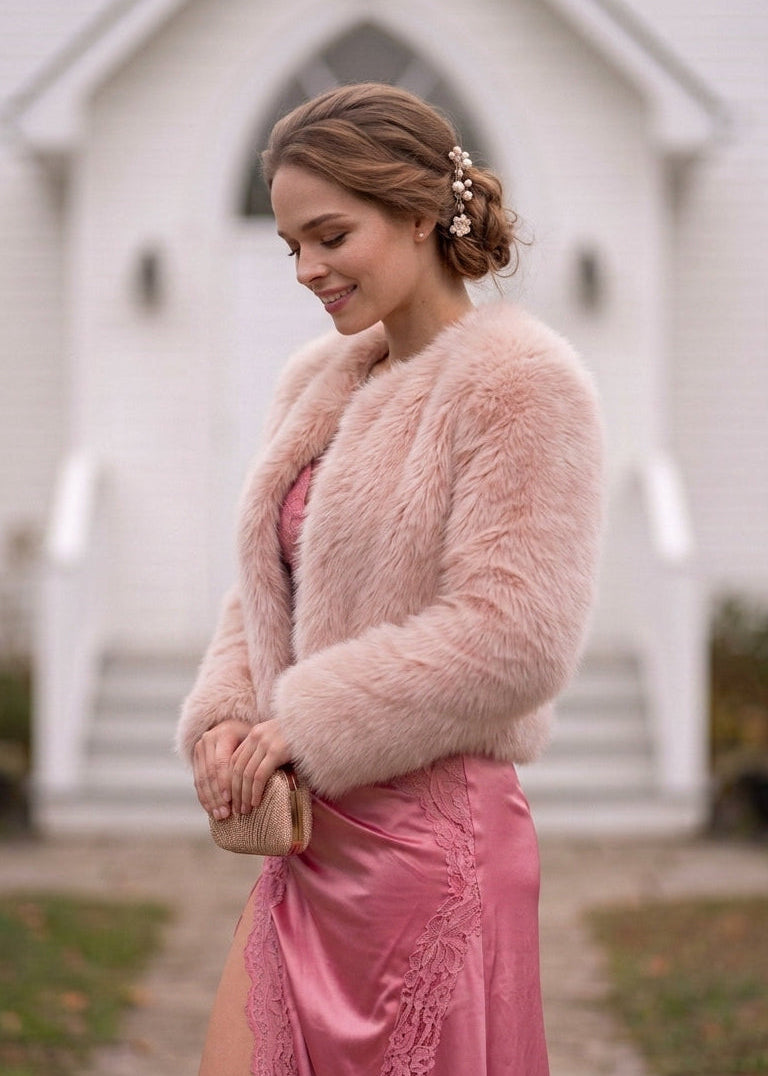 Blush Faux Fur Bridal Jacket with pockets (Anna Blu07)
