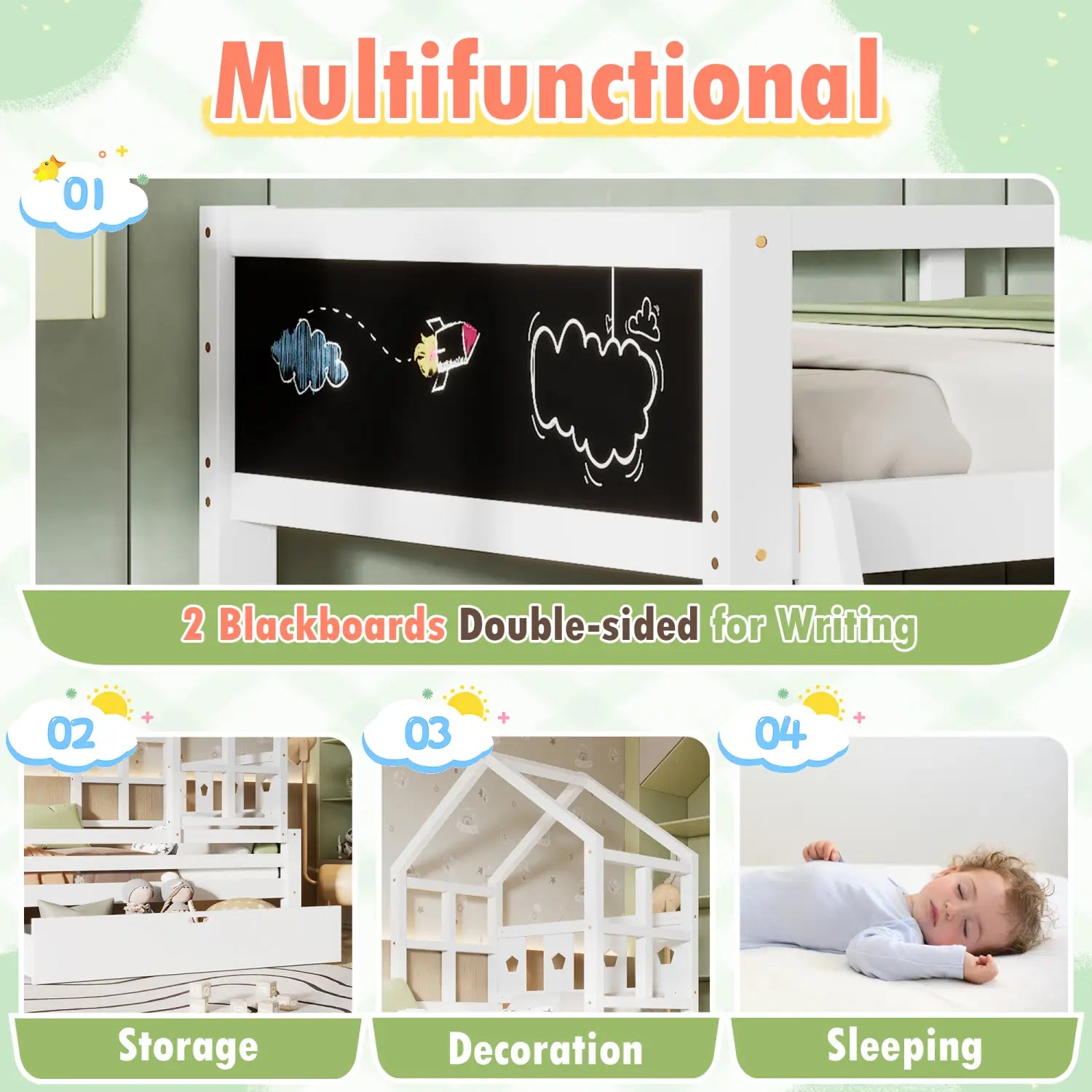 Luxury house bed with storage and blackboard for elegant kid’s rooms