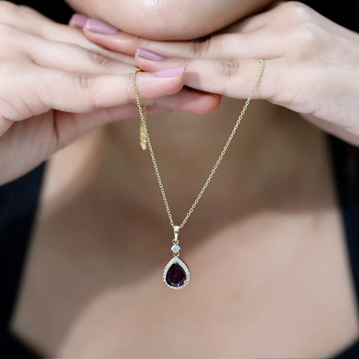 3.25 Carat Rhodolite Teardrop Necklace with Diamond Halo