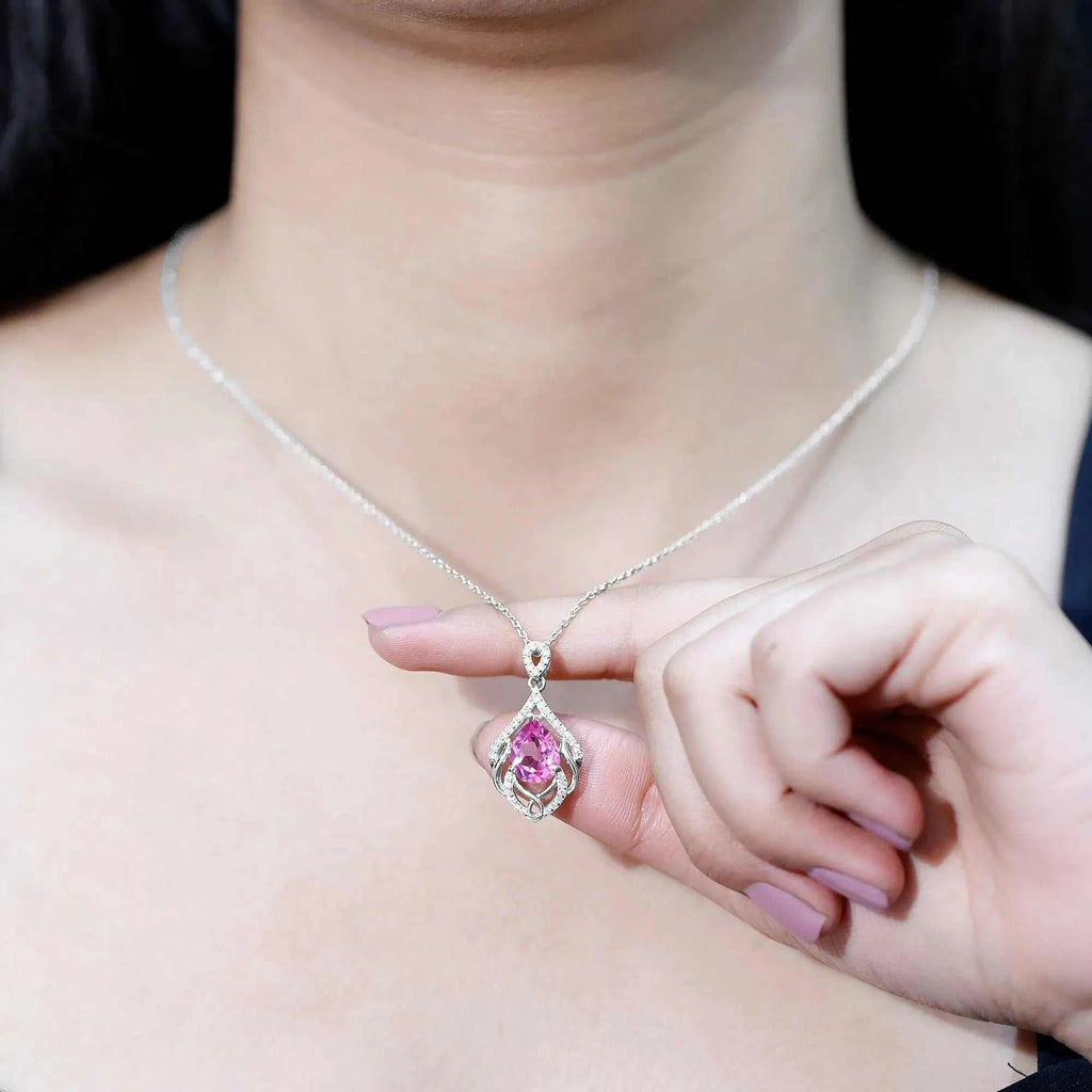 3.3 Carat Lab Grown Pink Sapphire Designer Necklace with Diamond