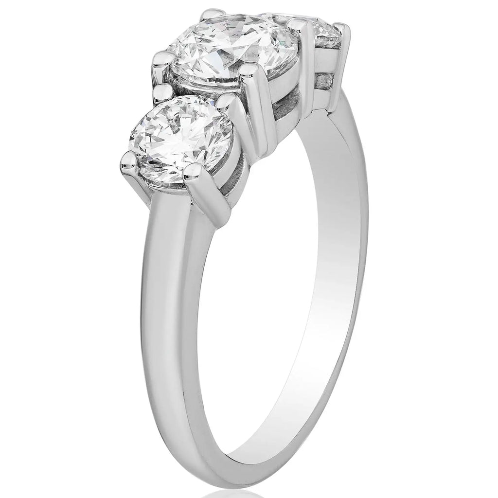 3 CTW AGI Certified three stone engagement ring with round-cut sparkling diamonds set in polished white gold band