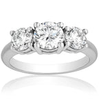 3 CTW AGI Certified three stone engagement ring with 1.50 carat center and two 0.75 carat round-cut diamonds set in 14K white gold