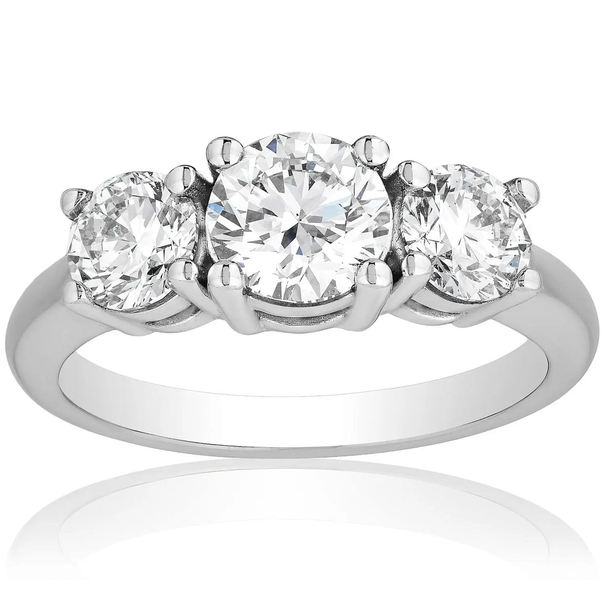 3 CTW AGI Certified three stone engagement ring with 1.50 carat center and two 0.75 carat round-cut diamonds set in 14K white gold