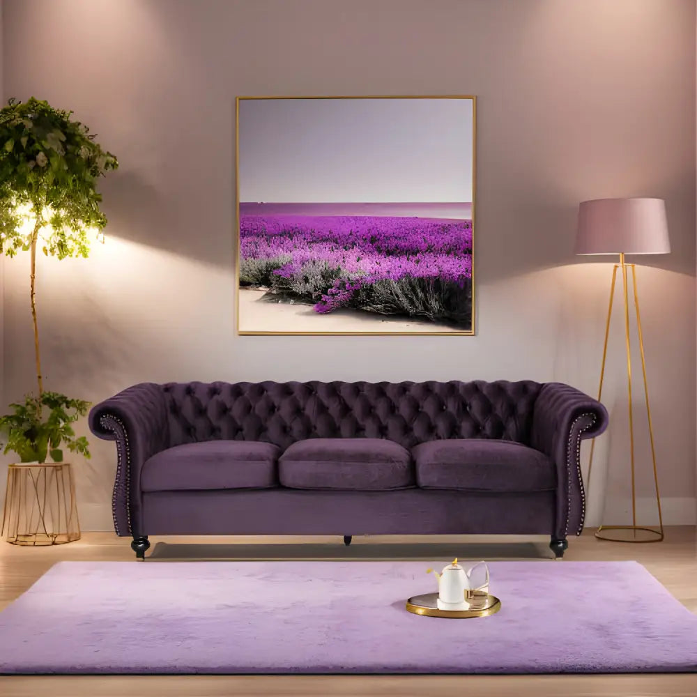 Luxurious purple velvet sofa for timeless designer clothing aesthetics $899 furniture specification product information