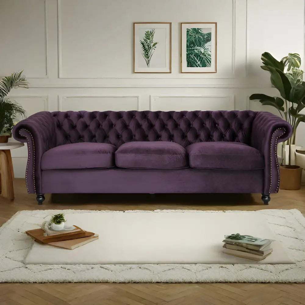 Luxurious purple velvet sofa for timeless designer clothing aesthetics $899 furniture specification product information