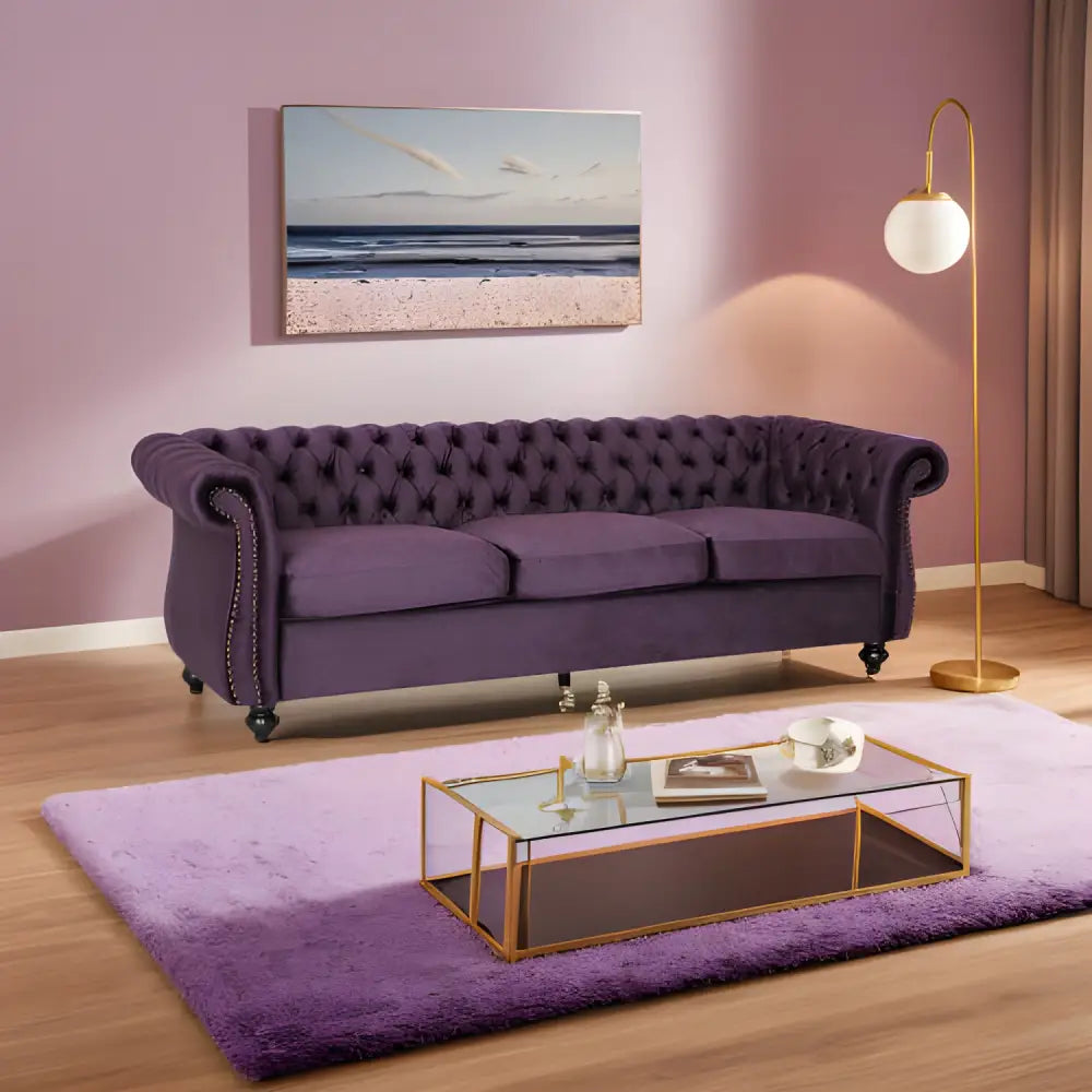 Luxurious purple velvet sofa for timeless designer clothing aesthetics $899 furniture specification product information