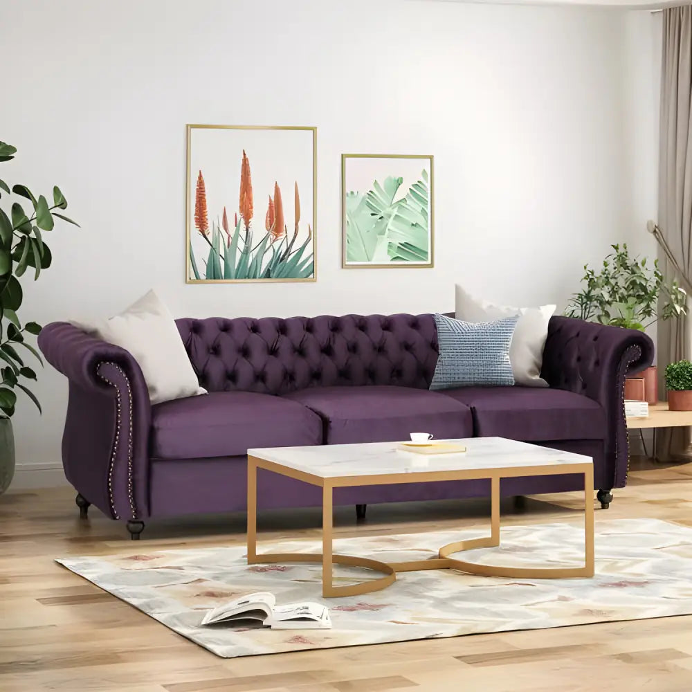 Luxurious purple velvet sofa for timeless designer clothing aesthetics $899 furniture specification product information