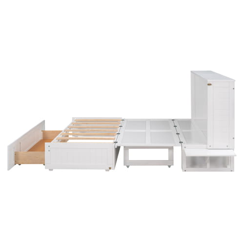 Elegant queen size mobile murphy bed with storage in sleek white finish