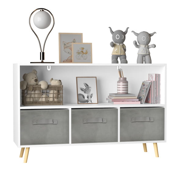 Luxury children’s bookcase with stylish fabric drawers for playroom elegance