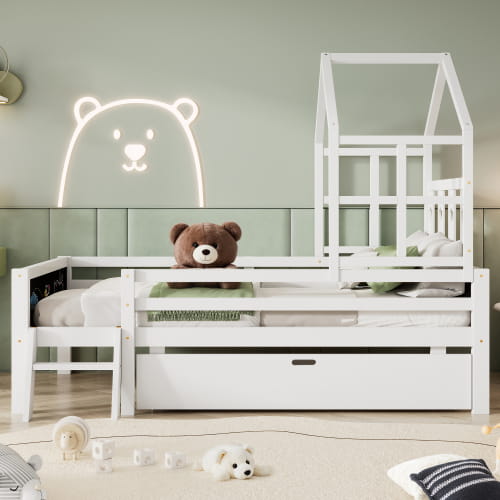 Twin size house bed with chic blackboards and storage innovation