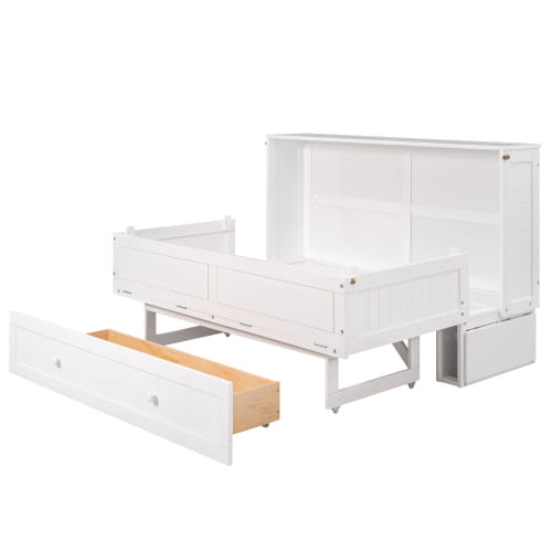 Elegant queen size mobile murphy bed with storage in sleek white finish