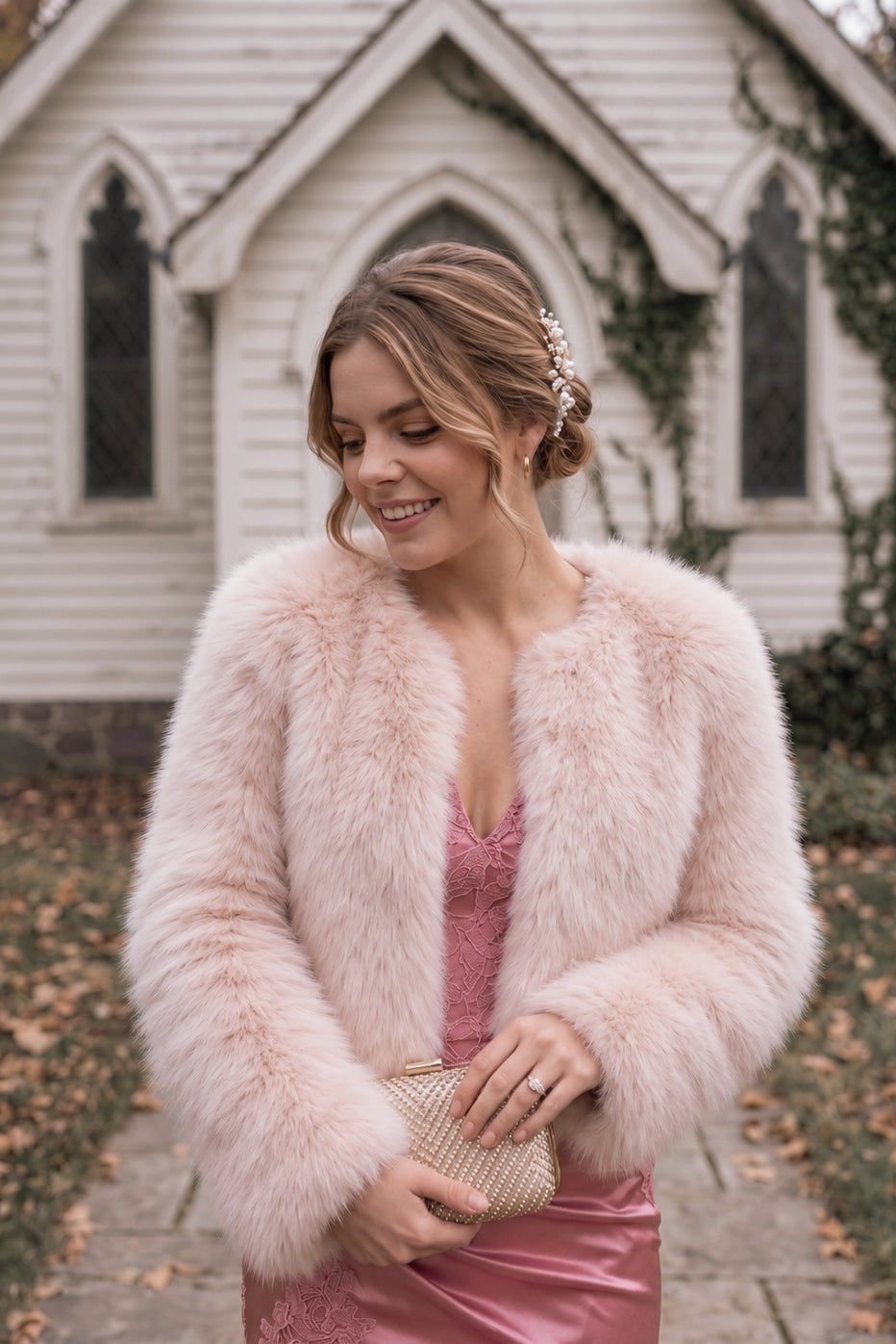 Blush Faux Fur Bridal Jacket with pockets (Anna Blu07)