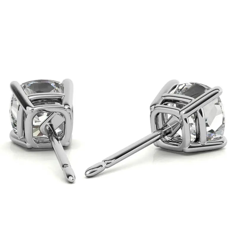 Lab Created Moissanite sterling silver stud earrings with 8mm cushion cut stones set in a classic 4-prong setting