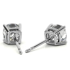Lab Created Moissanite sterling silver stud earrings with 8mm cushion cut stones set in a classic 4-prong setting