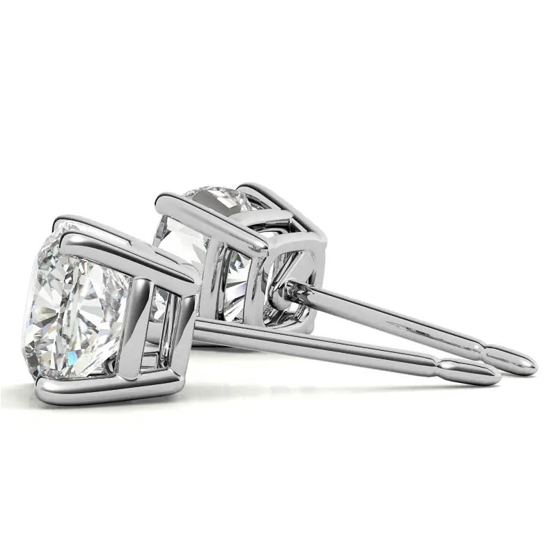 Lab Created Moissanite cushion cut stud earrings with 8mm clear stones set in sterling silver 4-prong settings