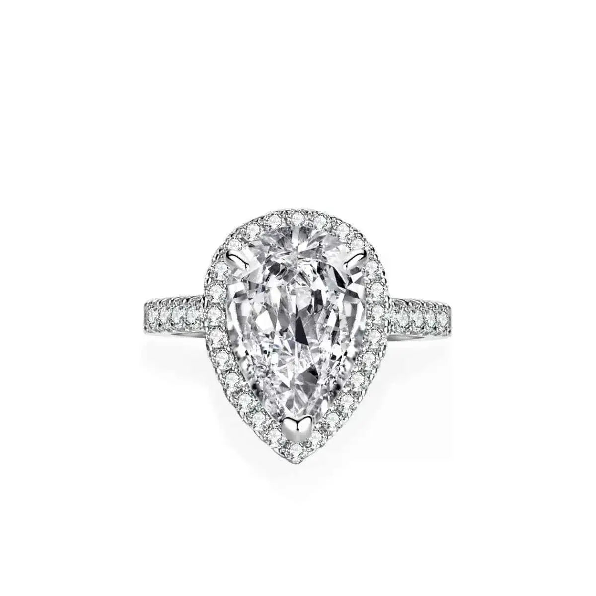 4 Carat sterling silver ring with a pear-shaped clear moissanite center stone surrounded by smaller stones on the band