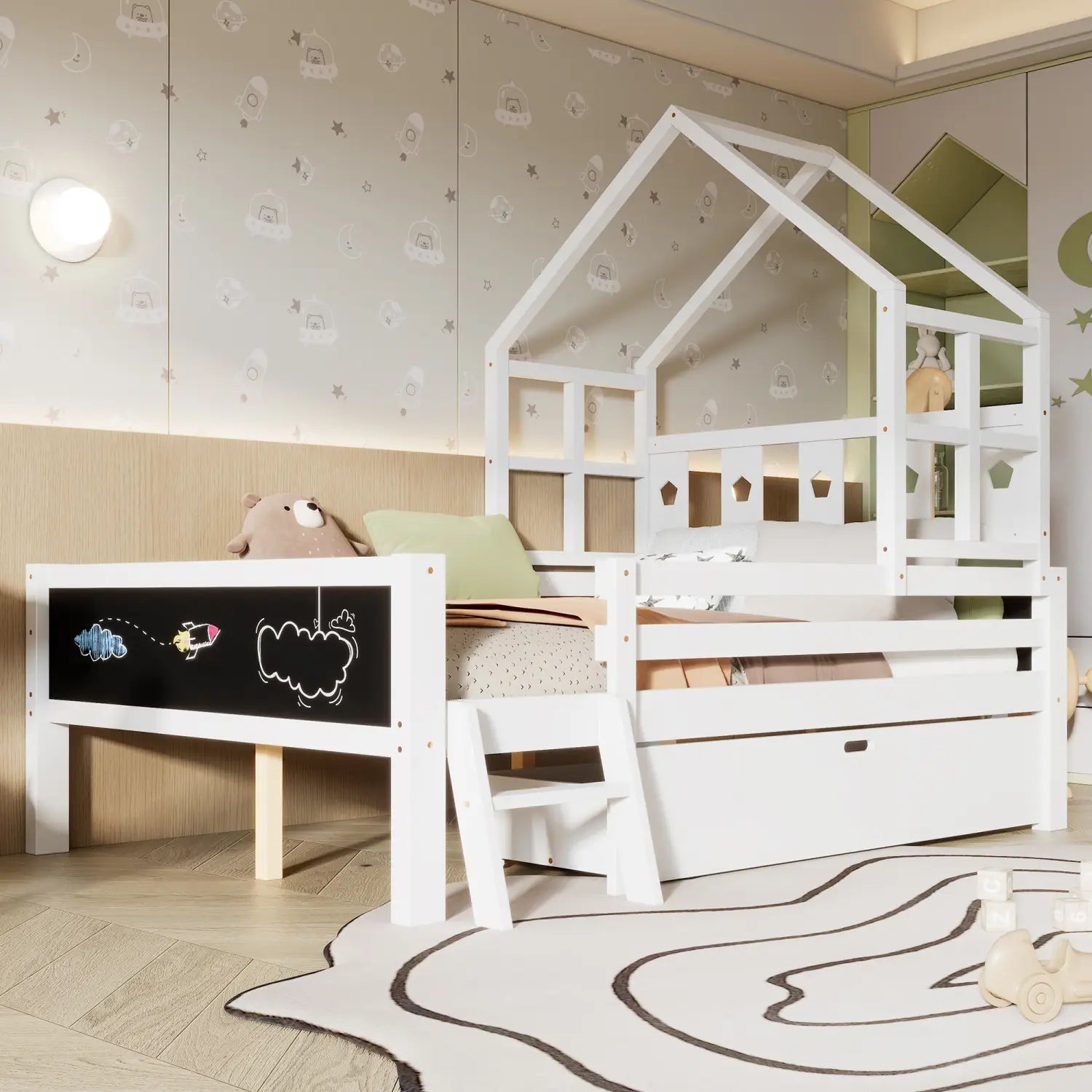 Luxury house bed with storage and blackboard for elegant kid’s rooms