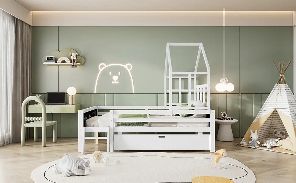 Luxury house bed with storage and blackboard for elegant kid’s rooms