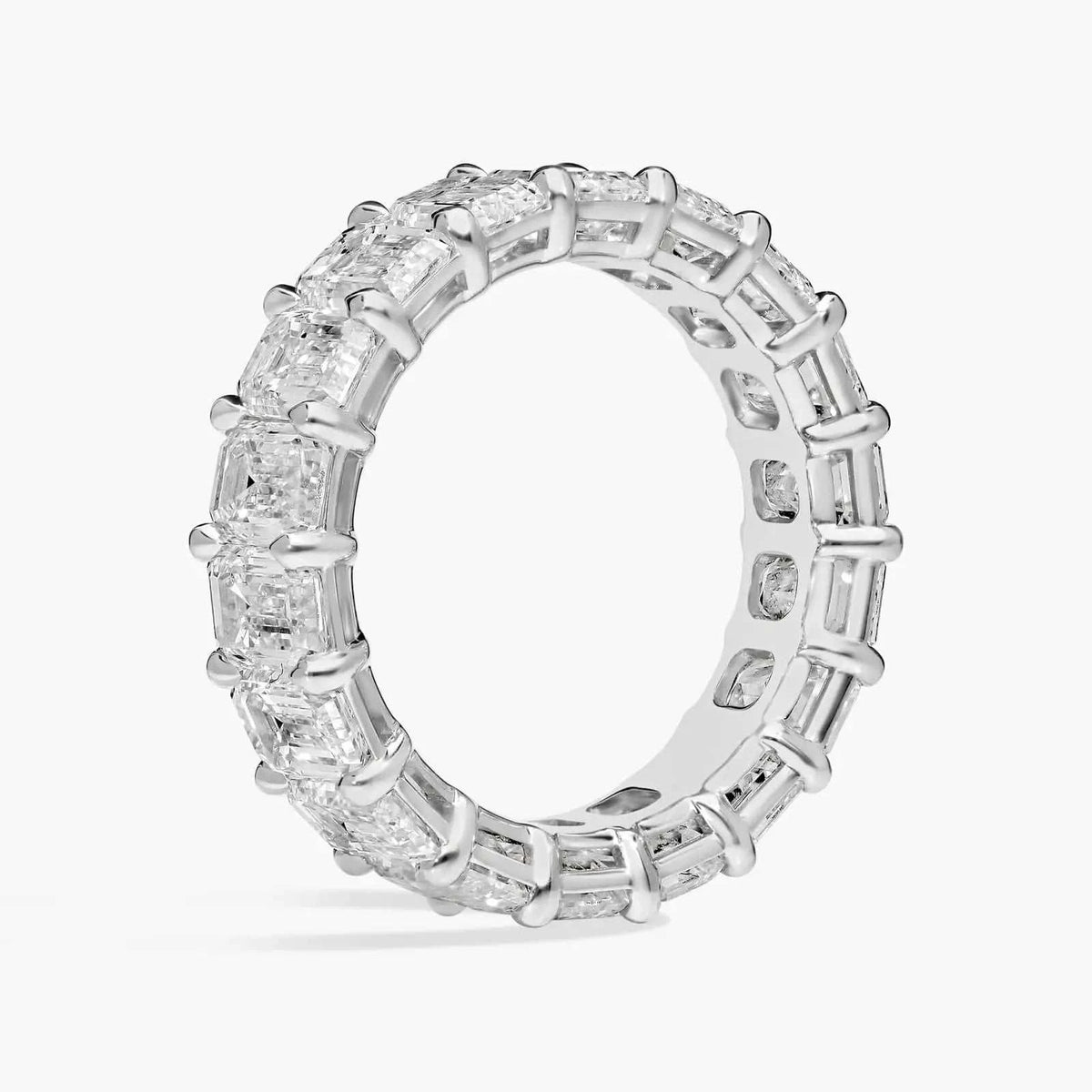 5.00 CTW Moissanite white gold overlay eternity band ring with emerald cut stones in a continuous setting