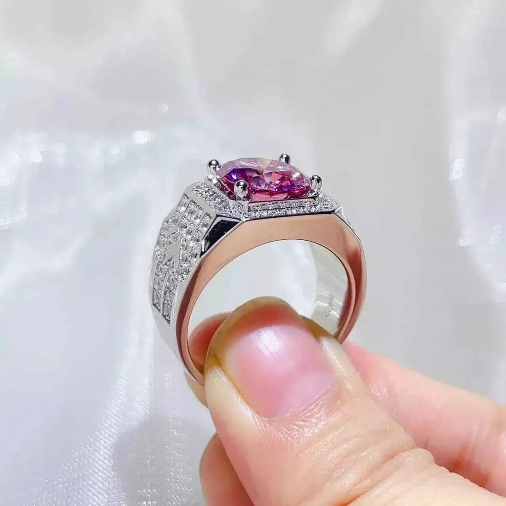 925 sterling silver ring with a pink gemstone and intricate detailing, showcasing a 5 Carat Moissanite centerpiece design.