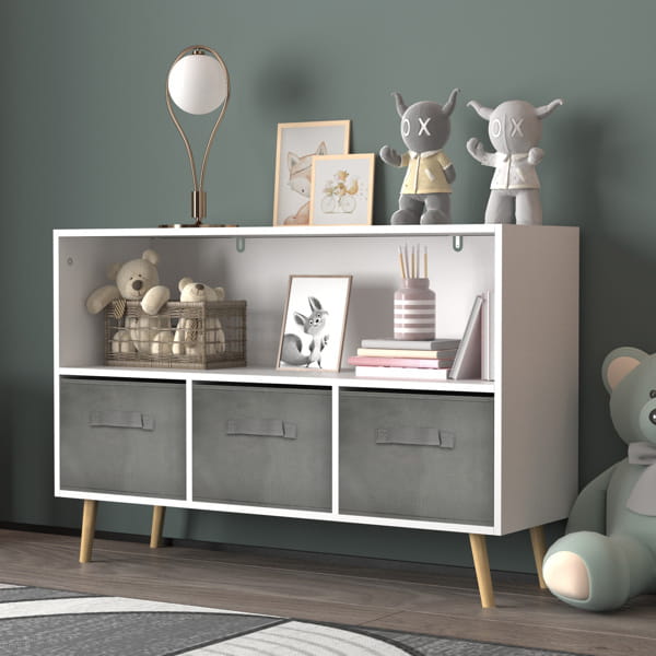 Luxury children’s bookcase with stylish fabric drawers for playroom elegance