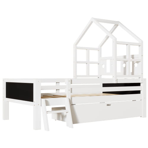 Twin size house bed with chic blackboards and storage innovation