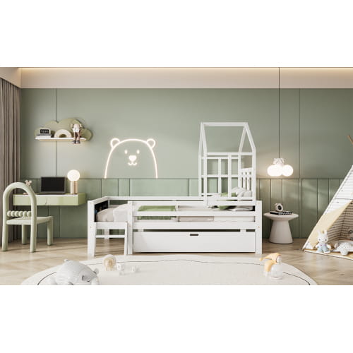 Twin size house bed with chic blackboards and storage innovation