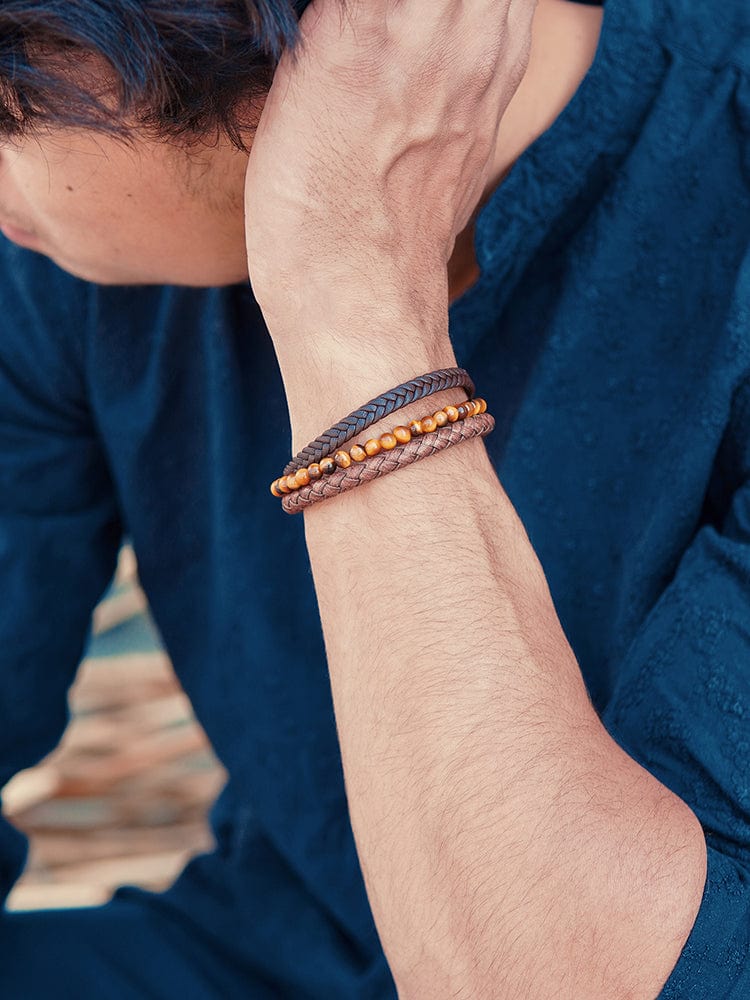 Stacked Brown Leather & Tiger Eye Bead Bracelet - Maven Couture IncLeather Bracelet