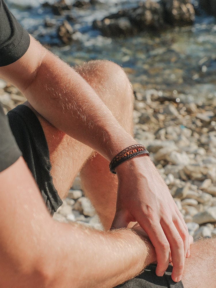 Stacked Brown Leather & Tiger Eye Bead Bracelet - Maven Couture IncLeather Bracelet