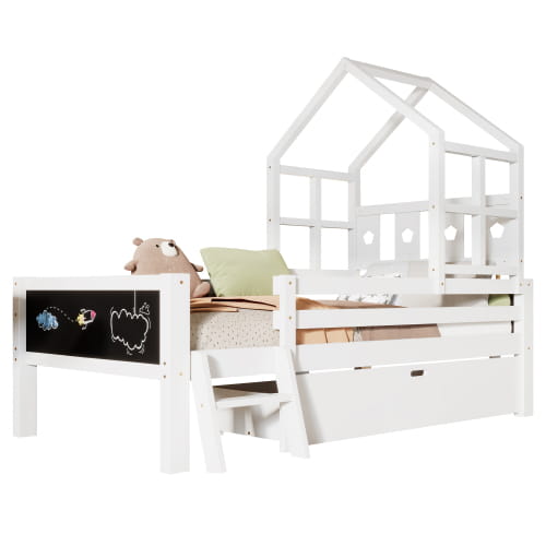 Twin size house bed with chic blackboards and storage innovation