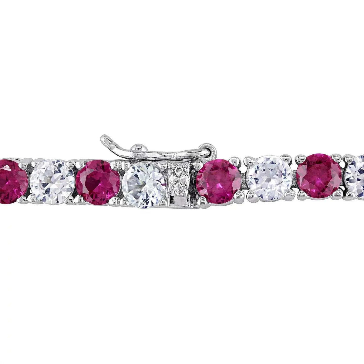 Lab-Created Ruby and white sapphire tennis bracelet with round-cut gemstones in a prong setting, polished silver tone finish
