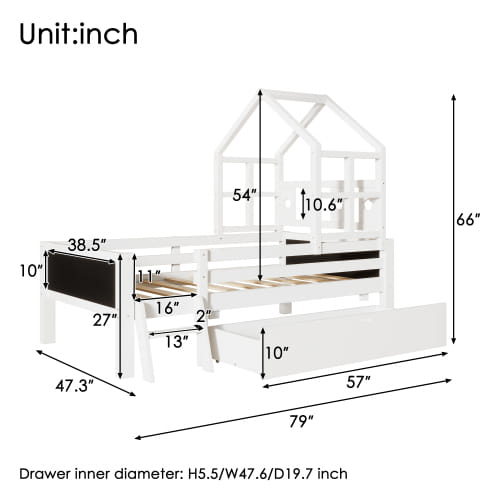 Twin size house bed with chic blackboards and storage innovation