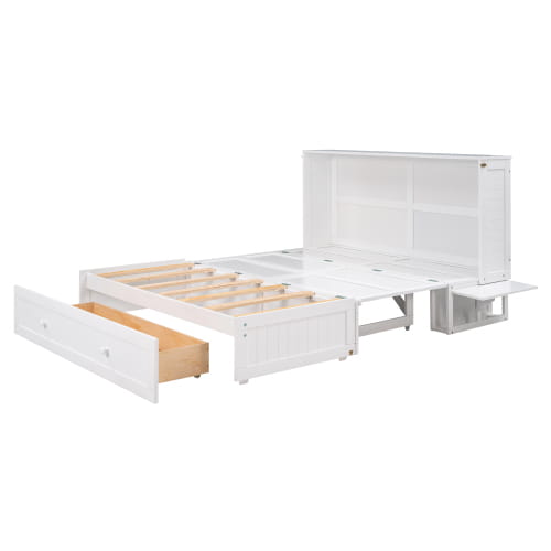 Elegant queen size mobile murphy bed with storage in sleek white finish