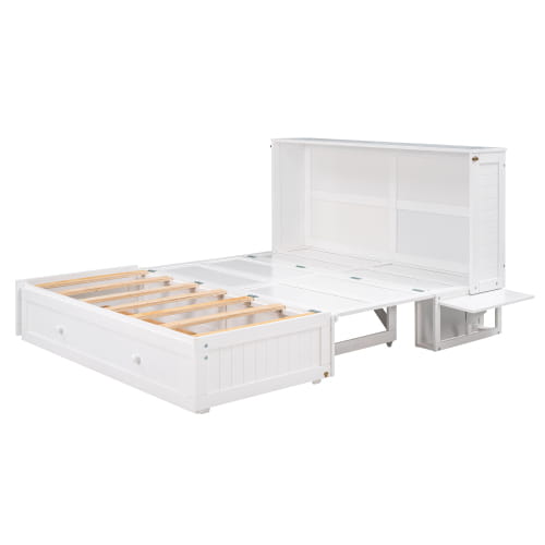 Elegant queen size mobile murphy bed with storage in sleek white finish