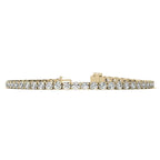 6ctw Created Sapphire tennis bracelet with 3mm round stones set in yellow gold overlay with secure clasp