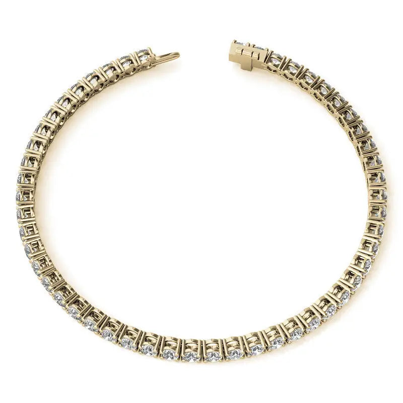 6ctw Created Sapphire tennis bracelet with 3mm round stones set in yellow gold overlay with secure clasp