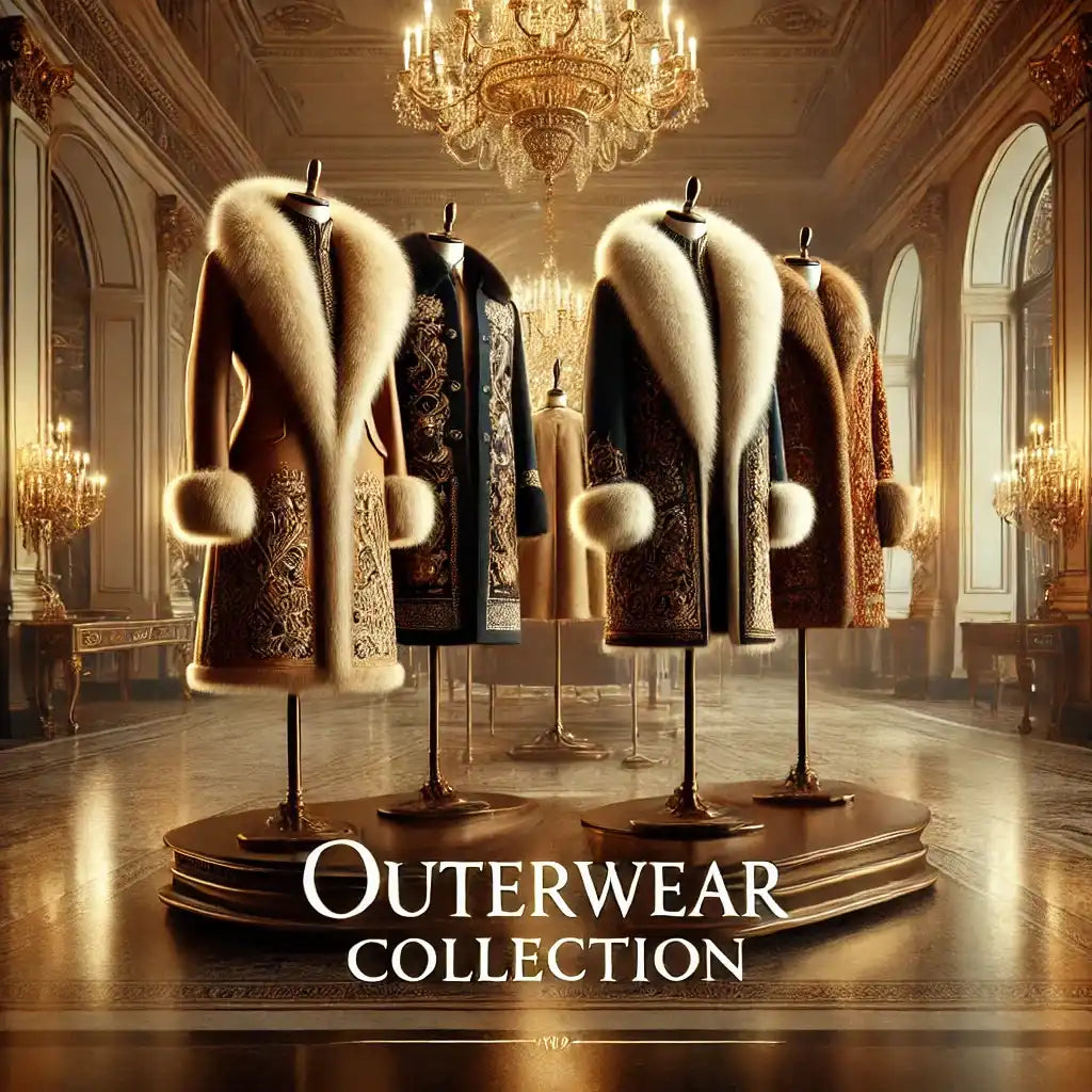 “Luxurious outerwear collection display featuring opulent coats with fur trims and intricate embroidery, showcased in an elegant boutique setting with golden chandeliers and warm lighting.”