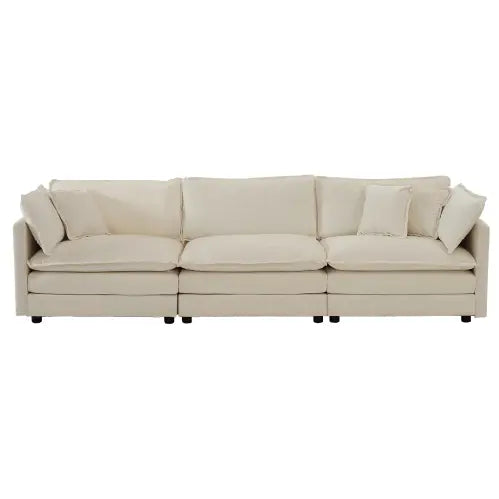 Elevate your space with luxury beige mid-century modern couch and pillows