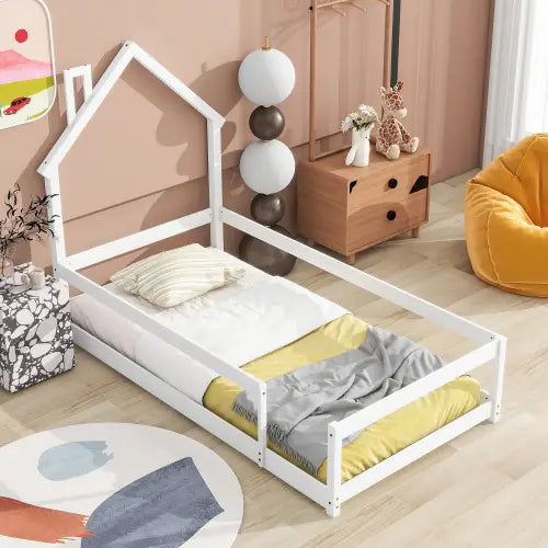 Charming twin size bed with house-shaped headboard for stylish safety