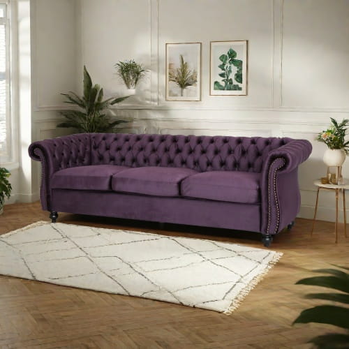 Luxurious purple velvet sofa for timeless designer clothing aesthetics