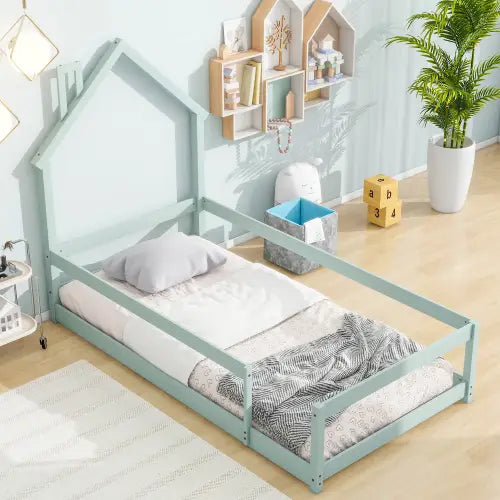 Charming twin size wood bed with house-shaped headboard in light green