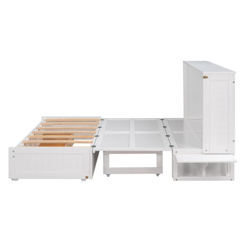 Elegant queen size mobile murphy bed with storage in sleek white finish