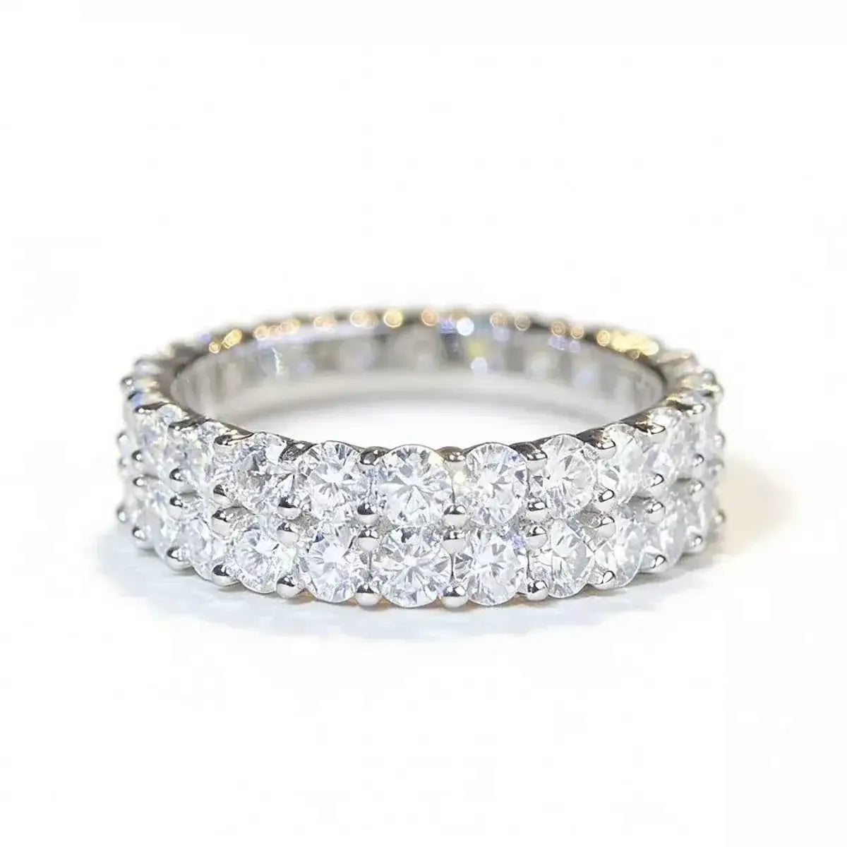 925 Sterling Silver Moissanite Ring featuring three rows of round brilliant-cut stones set in polished silver band