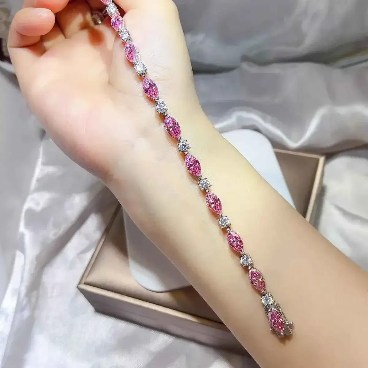 925 Sterling Silver bracelet featuring alternating pink and clear marquise-cut stones on a delicate chain
