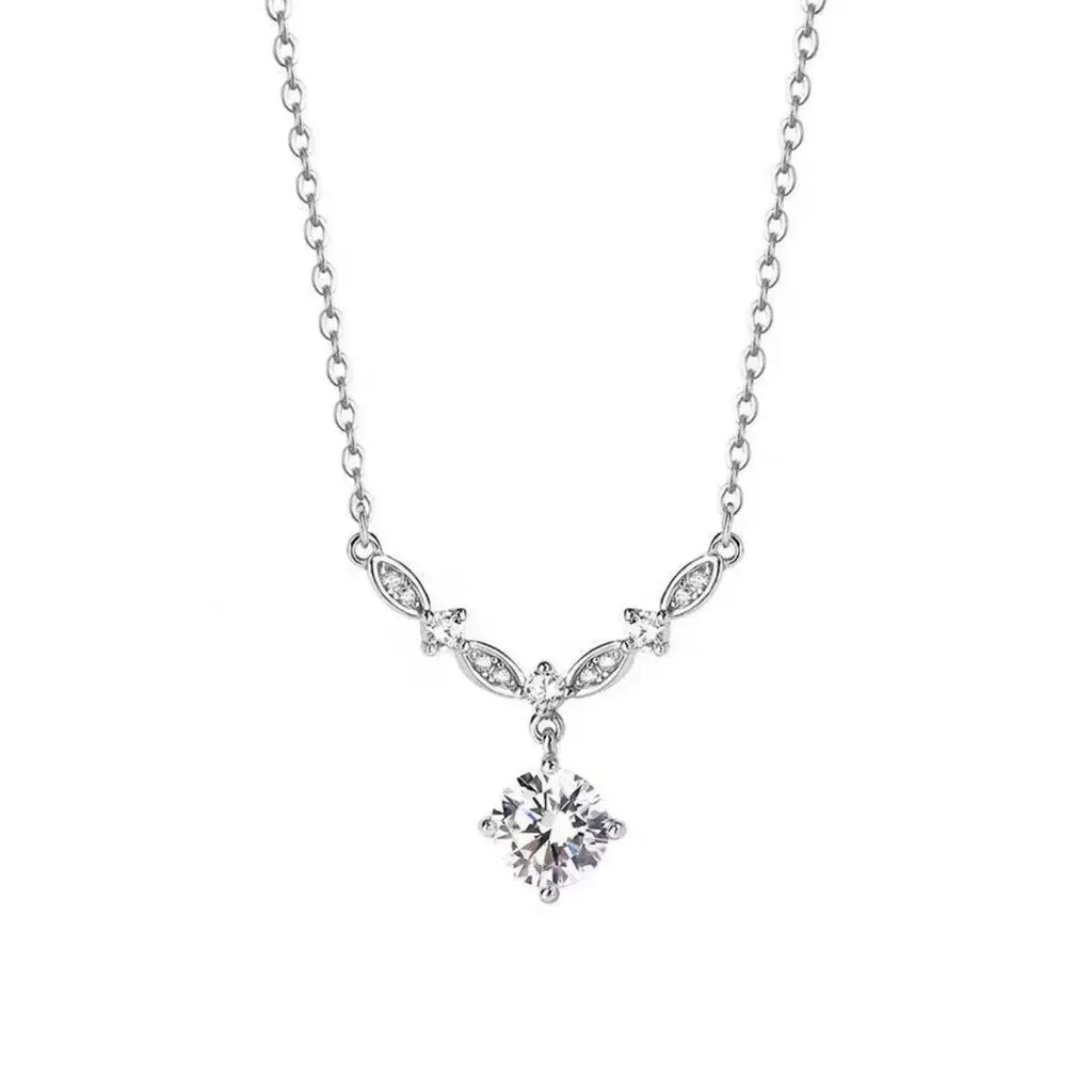 925 Sterling Silver pendant necklace with delicate chain, marquise zircon accents, and a central round zircon stone