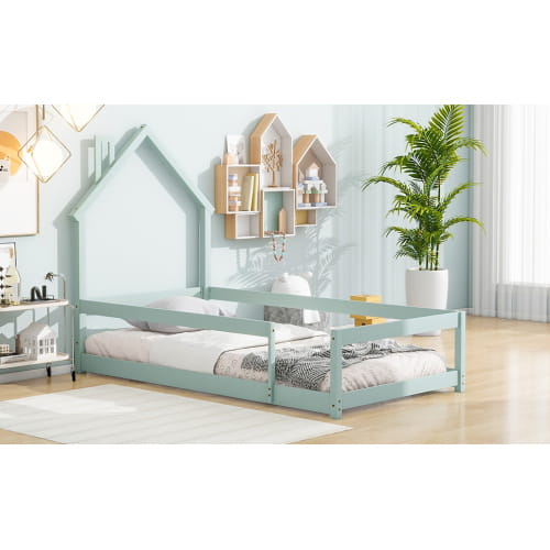 Charming twin size wood bed with house-shaped headboard in light green