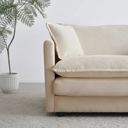 Elevate your space with luxury beige mid-century modern couch and pillows