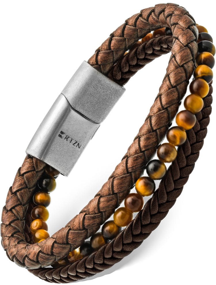 Stacked Brown Leather & Tiger Eye Bead Bracelet - Maven Couture IncLeather Bracelet